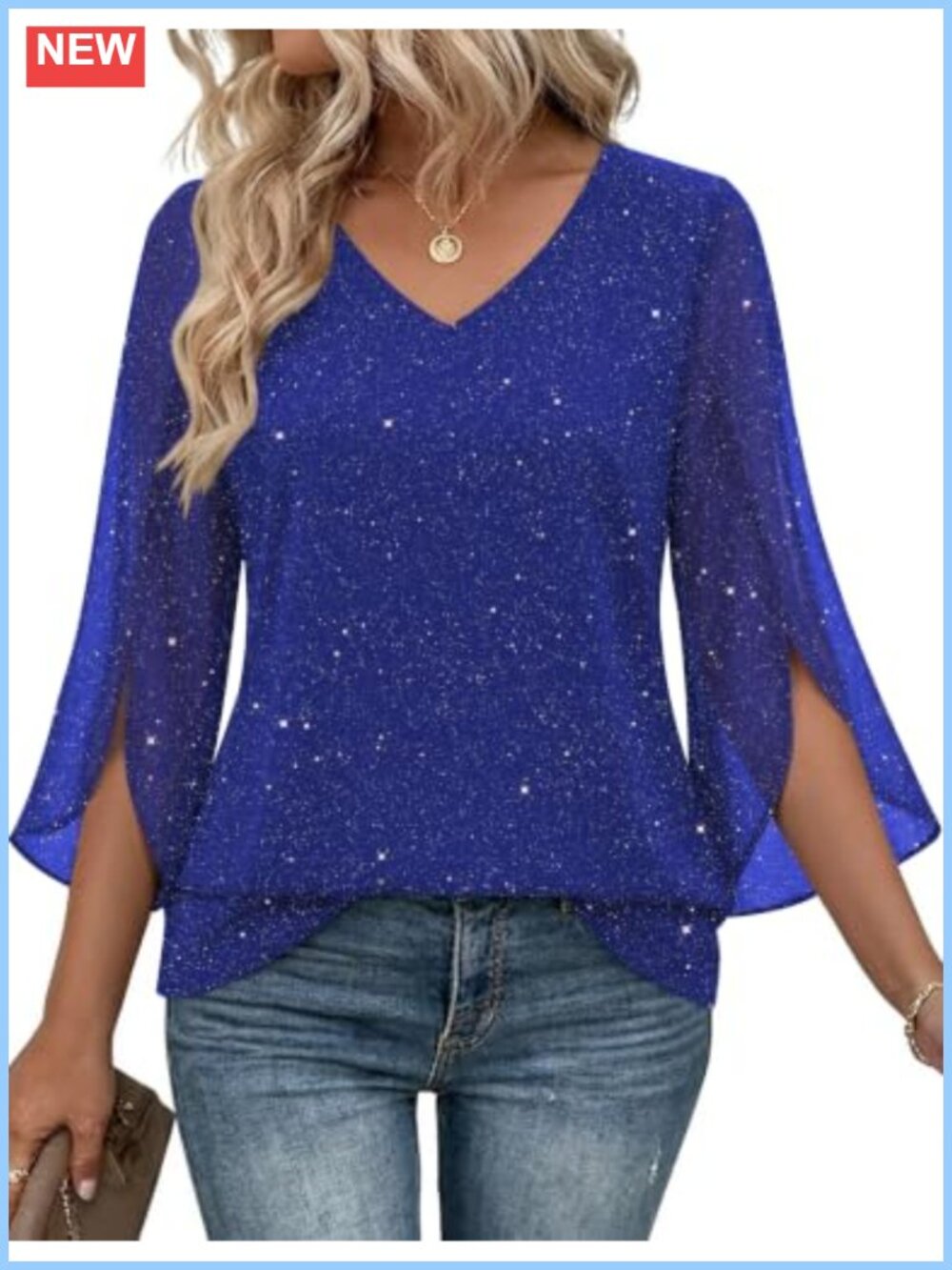 Zeagoo Womens Ruffle 3/4 Sleeve Sequin V Neck Double Layer Tunic Blouse